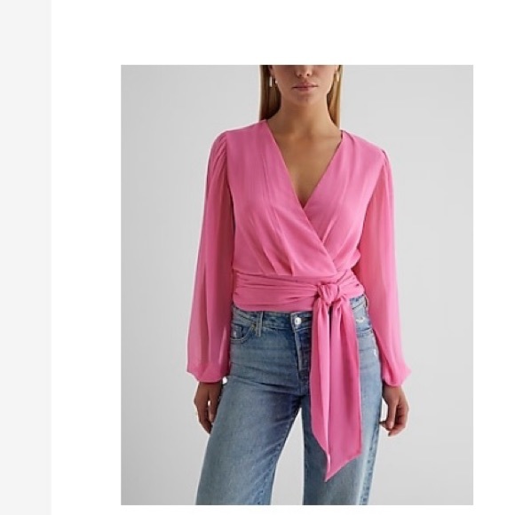 Express V-Neck Faux Wrap Tie Waist Top - Picture 2 of 6